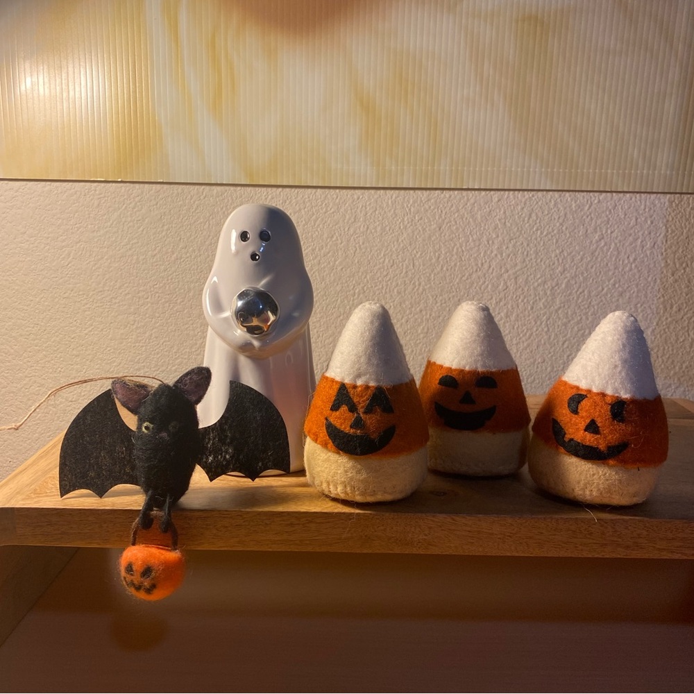 Halloween Decor Bundle Ceramic Ghost, Candy Corn Trio, Bat Pumpkin Ornament